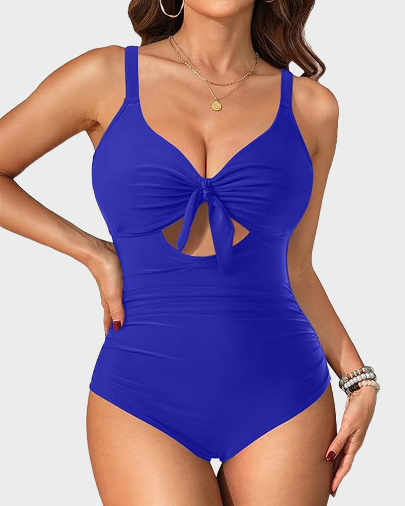 Plus Size Tummy Control One-Piece Swimsuit with Cutout and Tie Front