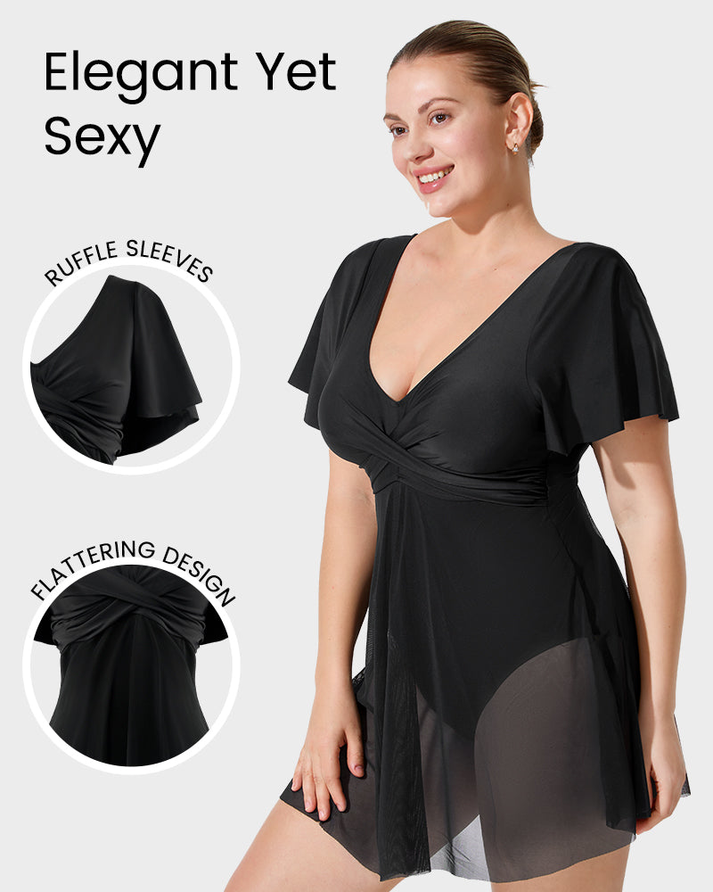 Elegant Ruffle Plus Size Swimdress: Full Coverage, Comfortable Beachwear for All