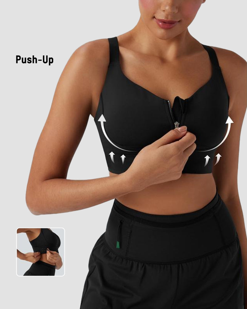 Quick-Dry Front Zipper Push-Up Sports Bra for Women with Adjustable Crisscross Back