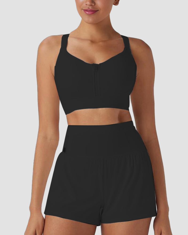 Quick-Dry Front Zipper Push-Up Sports Bra for Women with Adjustable Crisscross Back