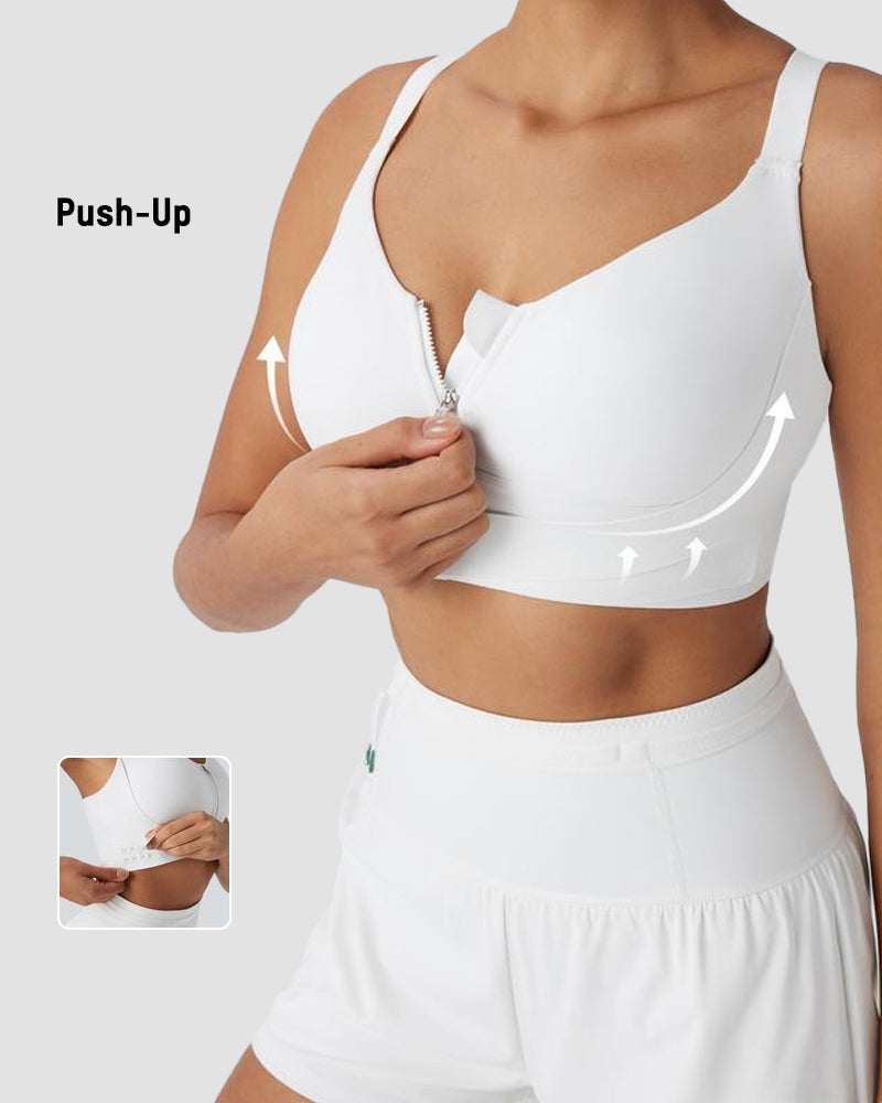 Quick-Dry Front Zipper Push-Up Sports Bra for Women with Adjustable Crisscross Back