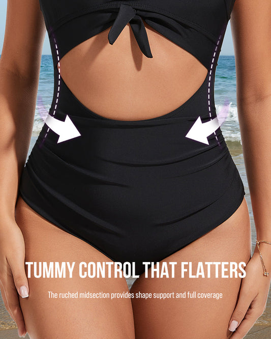 Flattering Ruched Tie-Knot Tummy Control One-Piece Swimsuit for Women