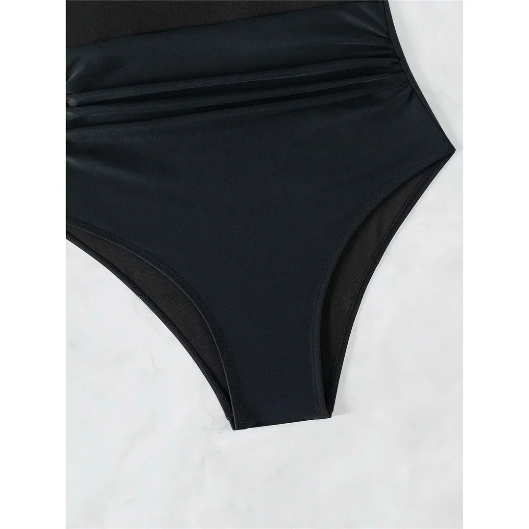 Elegant Mesh Tummy Control One-Piece Swimsuit with Deep V-Neck & Backless Design