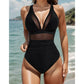 Elegant Mesh Tummy Control One-Piece Swimsuit with Deep V-Neck & Backless Design