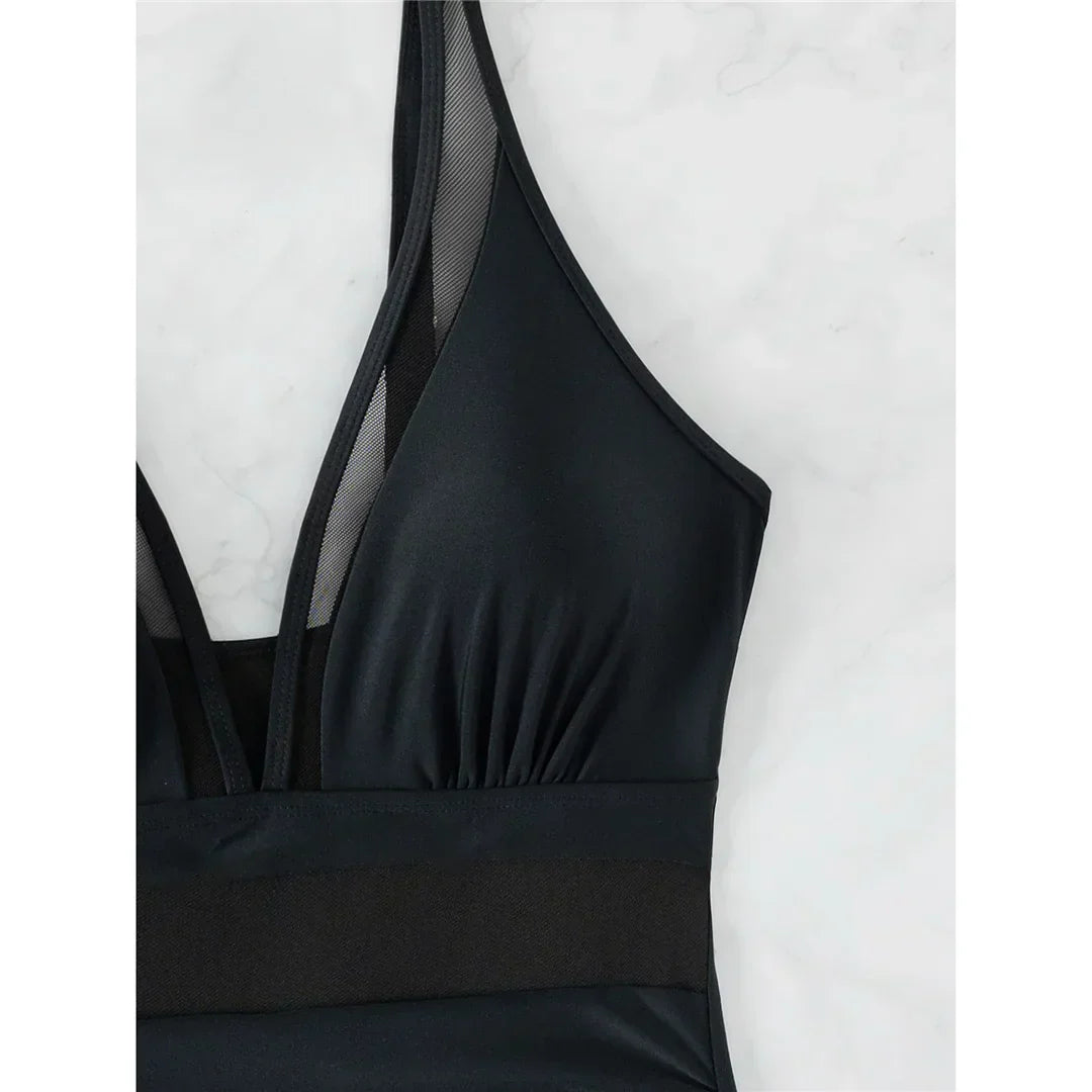 Elegant Mesh Tummy Control One-Piece Swimsuit with Deep V-Neck & Backless Design