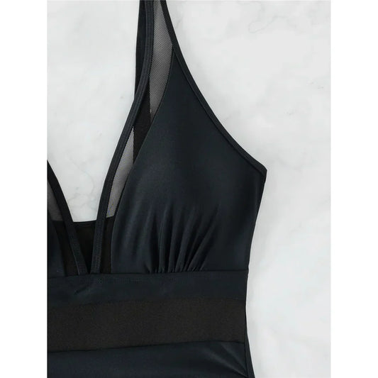 Elegant Mesh Tummy Control One-Piece Swimsuit with Deep V-Neck & Backless Design