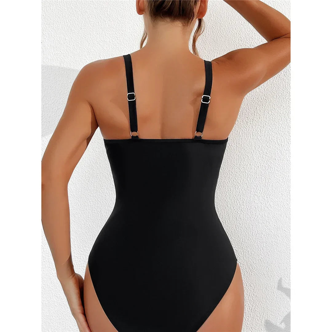 Elegant Mesh Tummy Control One-Piece Swimsuit with Deep V-Neck & Backless Design