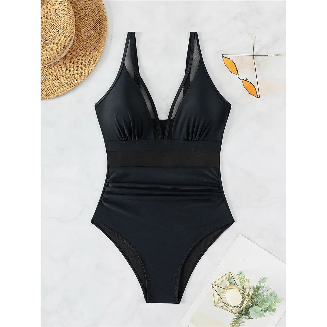 Elegant Mesh Tummy Control One-Piece Swimsuit with Deep V-Neck & Backless Design