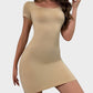 Chic Seamless Ribbed Square Neck Mini Dress - Figure Sculpting Bodycon