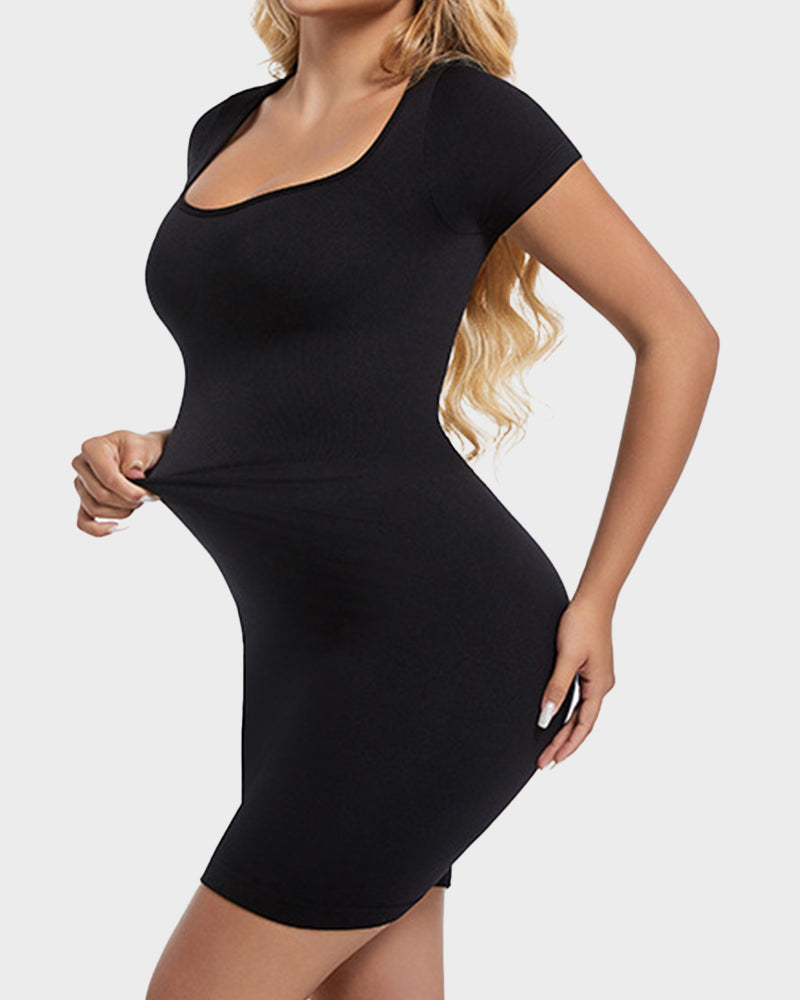 Chic Seamless Ribbed Square Neck Mini Dress - Figure Sculpting Bodycon