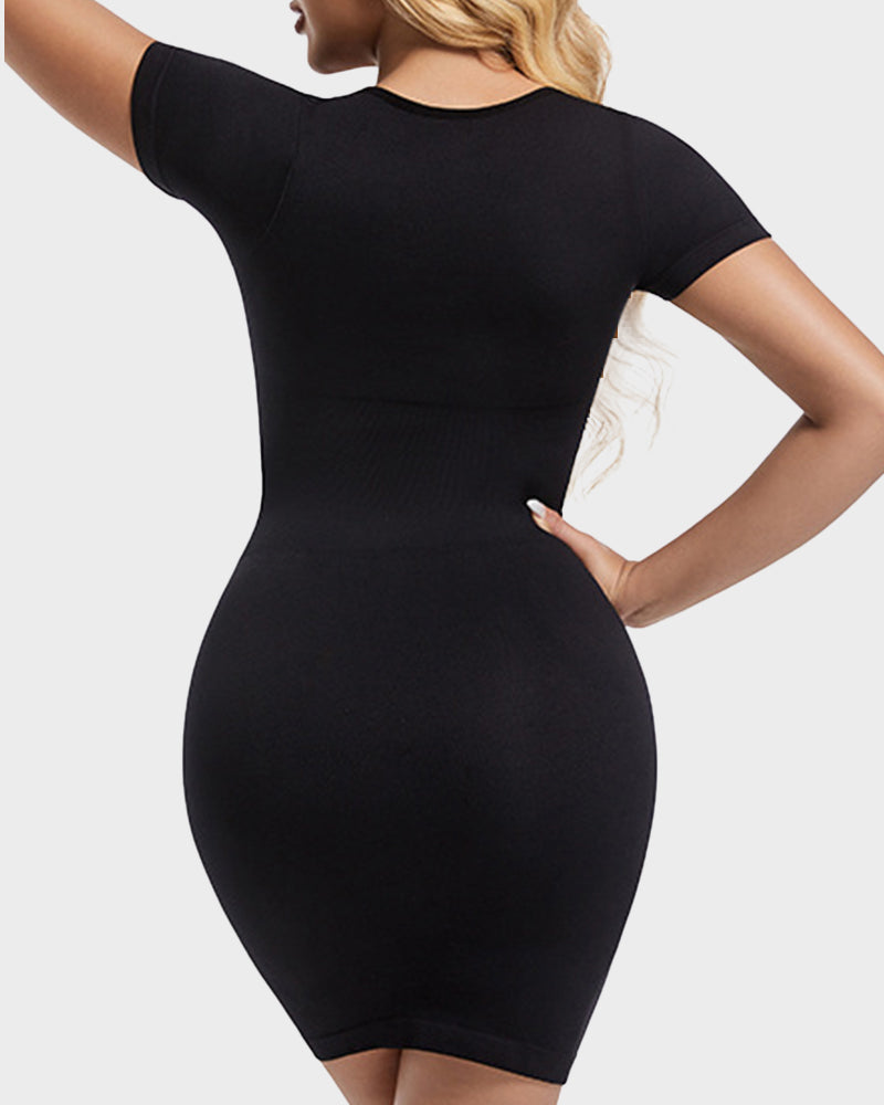 Chic Seamless Ribbed Square Neck Mini Dress - Figure Sculpting Bodycon