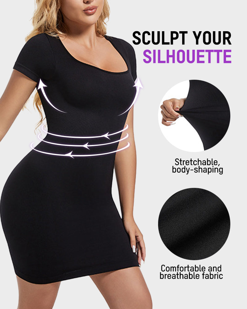 Chic Seamless Ribbed Square Neck Mini Dress - Figure Sculpting Bodycon