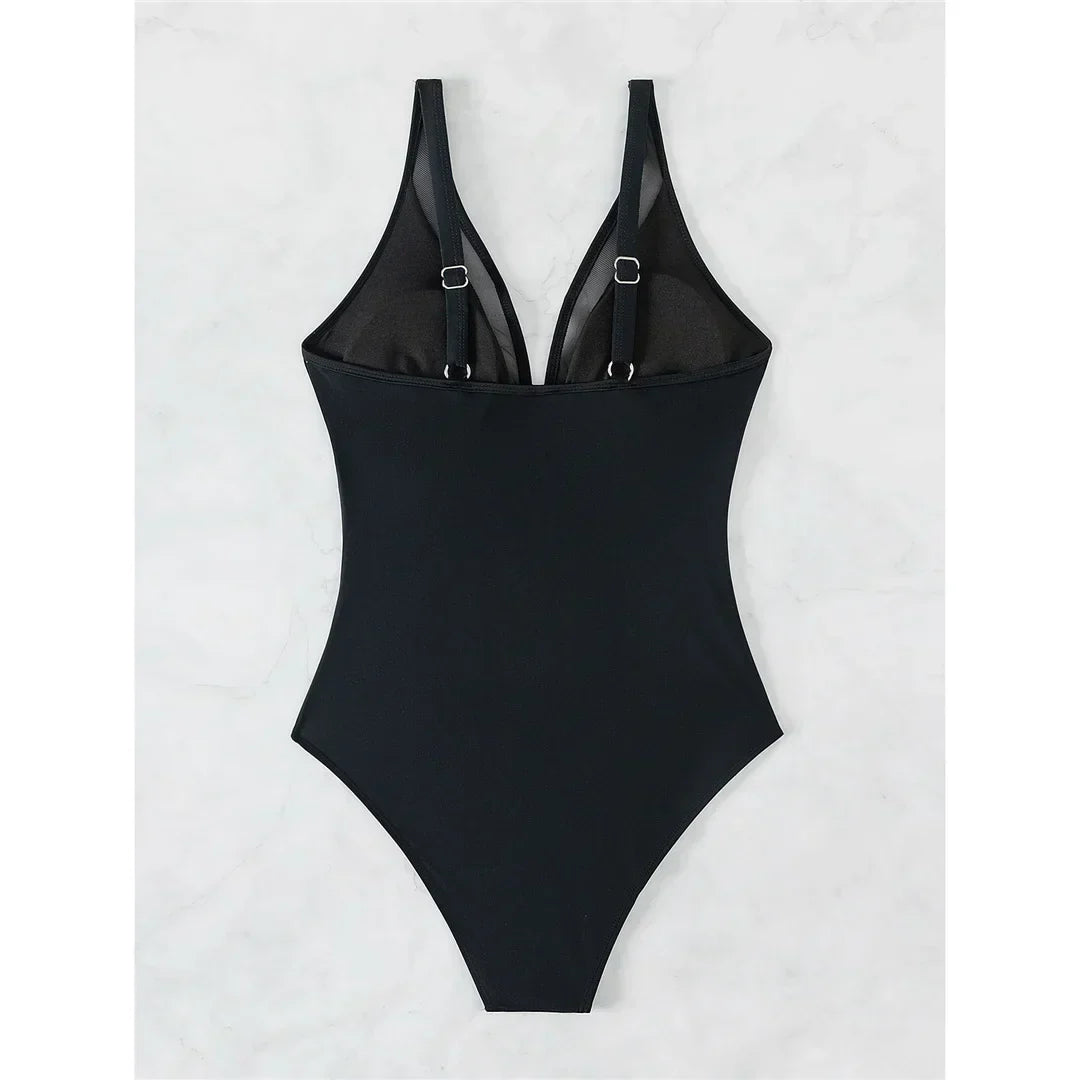 Elegant Mesh Tummy Control One-Piece Swimsuit with Deep V-Neck & Backless Design