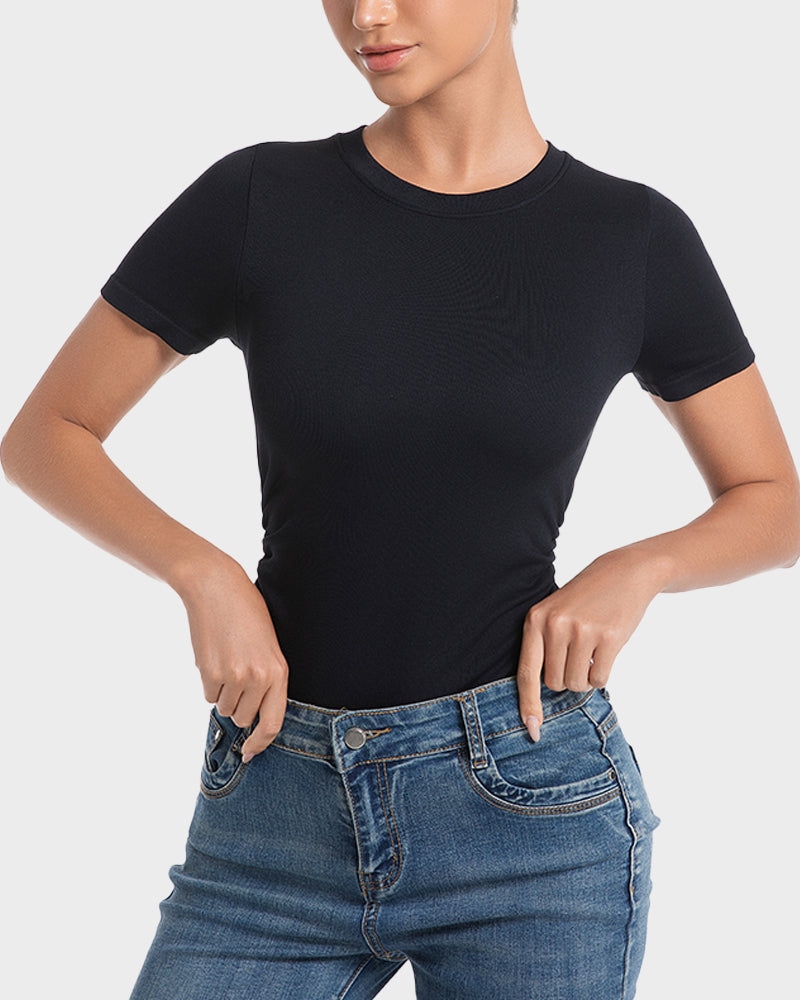 Women's Seamless Soft Stretch Round Neck Short Sleeve Bodysuit Shapewear Top