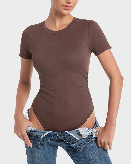 Women's Seamless Soft Stretch Round Neck Short Sleeve Bodysuit Shapewear Top