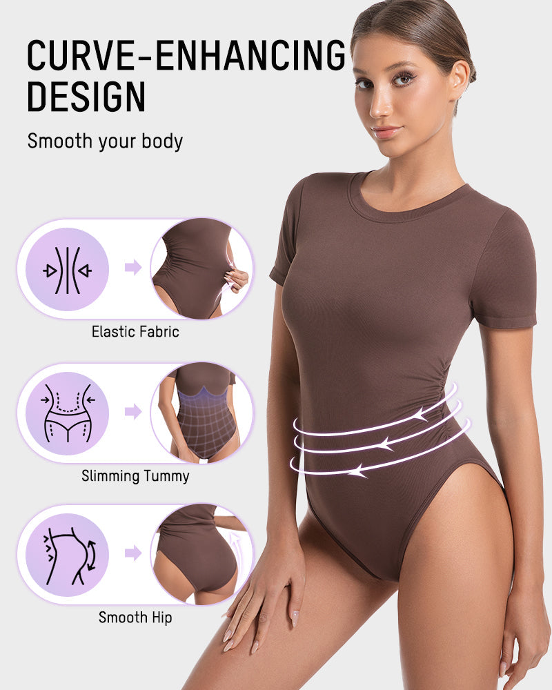 Women's Seamless Soft Stretch Round Neck Short Sleeve Bodysuit Shapewear Top