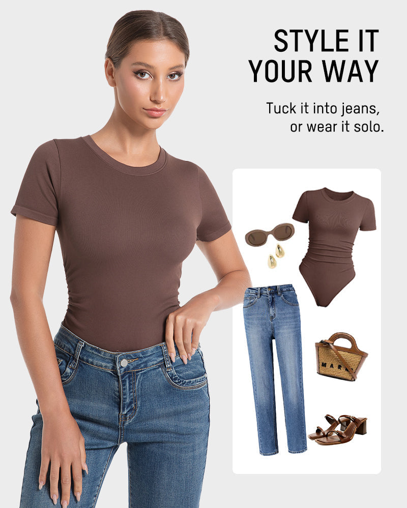 Women's Seamless Soft Stretch Round Neck Short Sleeve Bodysuit Shapewear Top