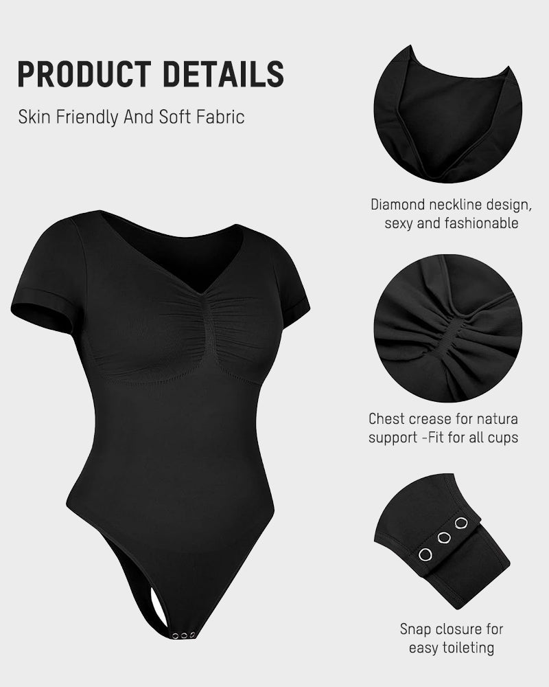 Seamless V-Neck Tummy Control Thong Bodysuit - Ultra-Flattering Shapewear for Women