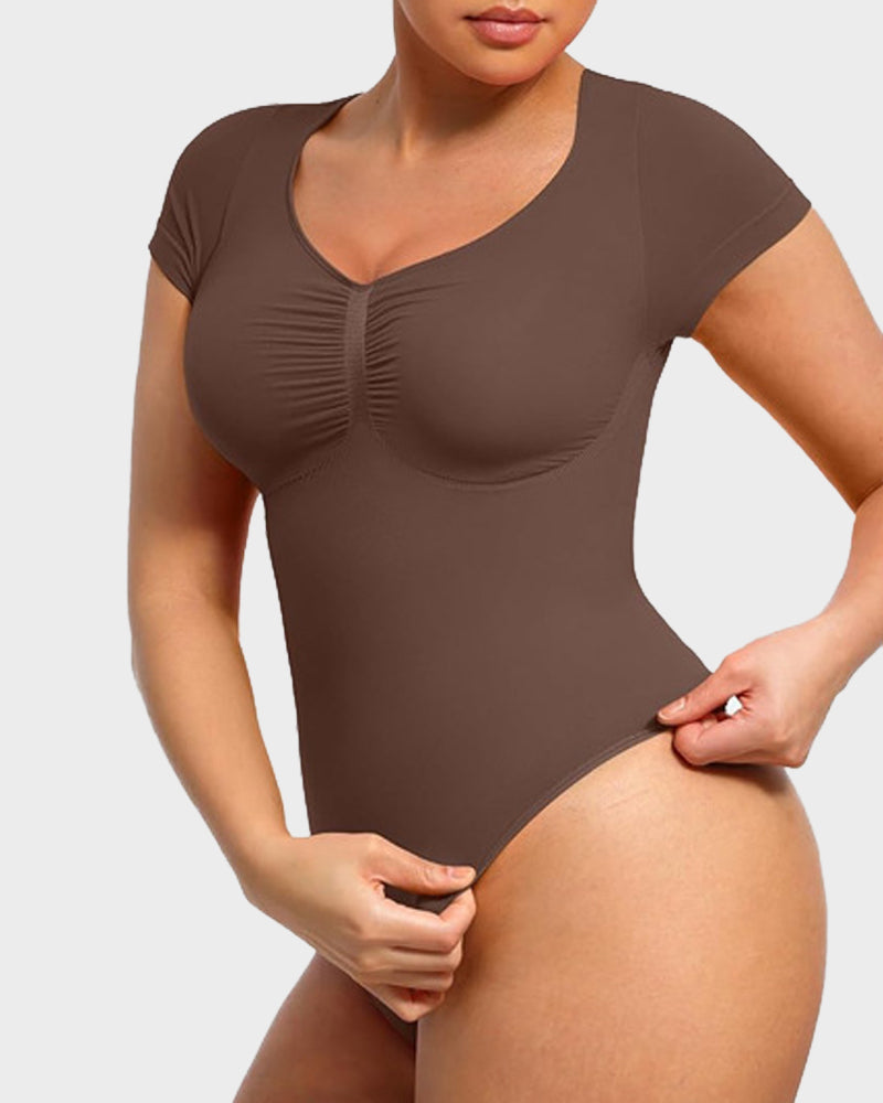 Seamless V-Neck Tummy Control Thong Bodysuit - Ultra-Flattering Shapewear for Women