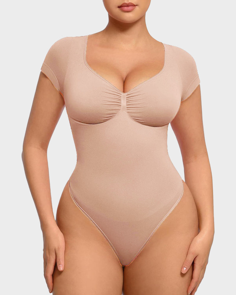 Seamless V-Neck Tummy Control Thong Bodysuit - Ultra-Flattering Shapewear for Women