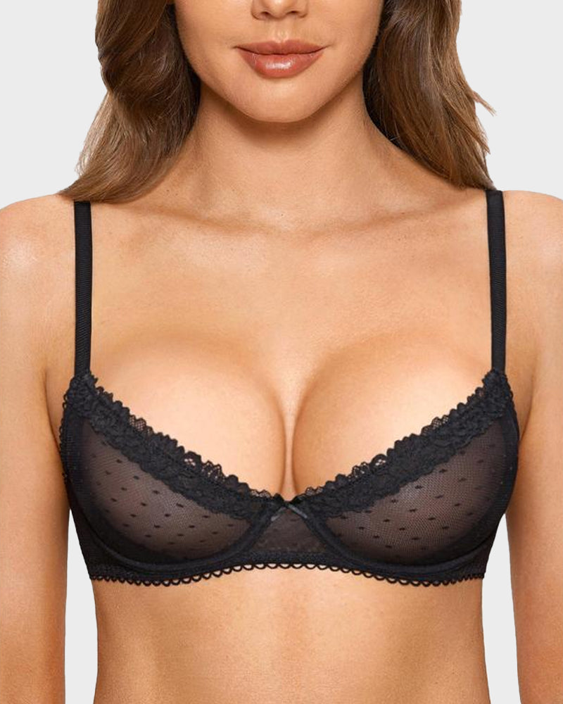 Elegant Sheer Lace Balconette Bra with Dotted Mesh & Underwire Support