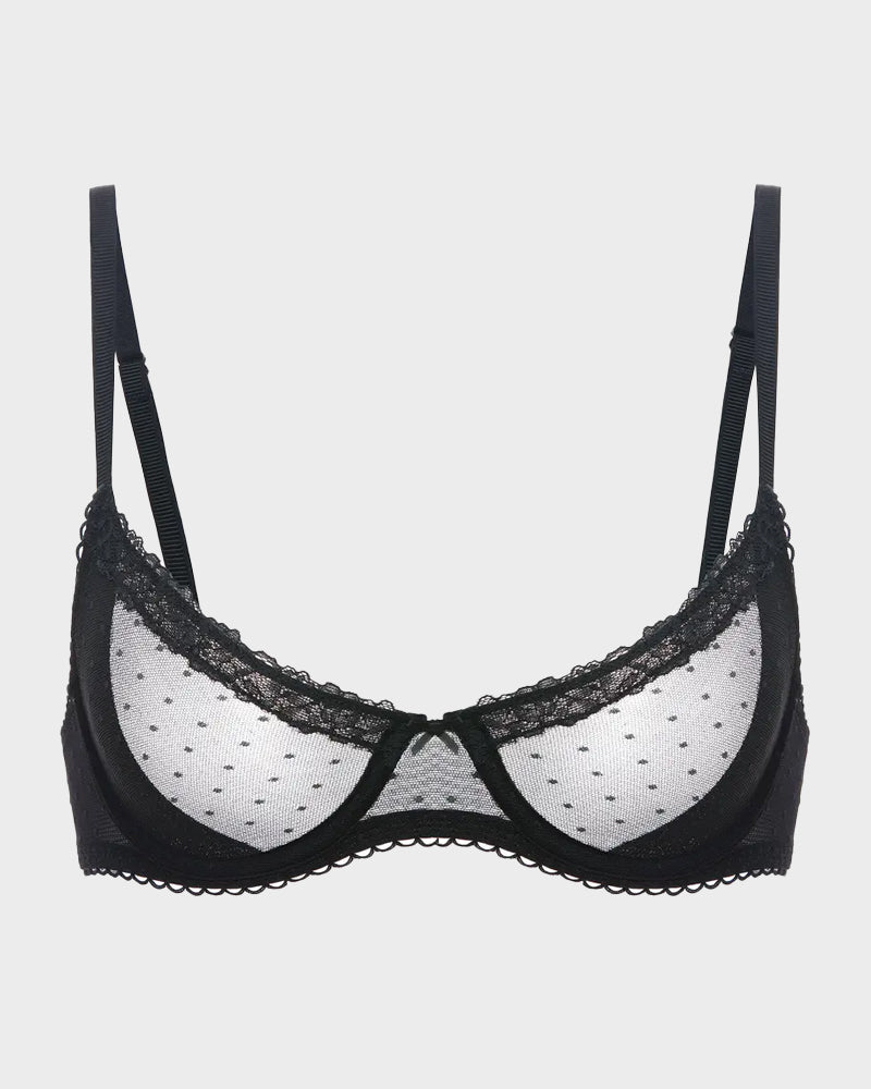 Elegant Sheer Lace Balconette Bra with Dotted Mesh & Underwire Support