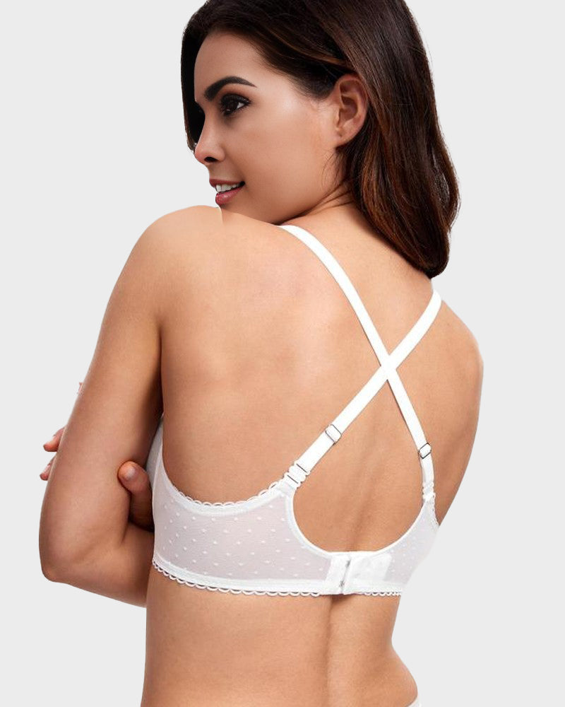 Elegant Sheer Lace Balconette Bra with Dotted Mesh & Underwire Support