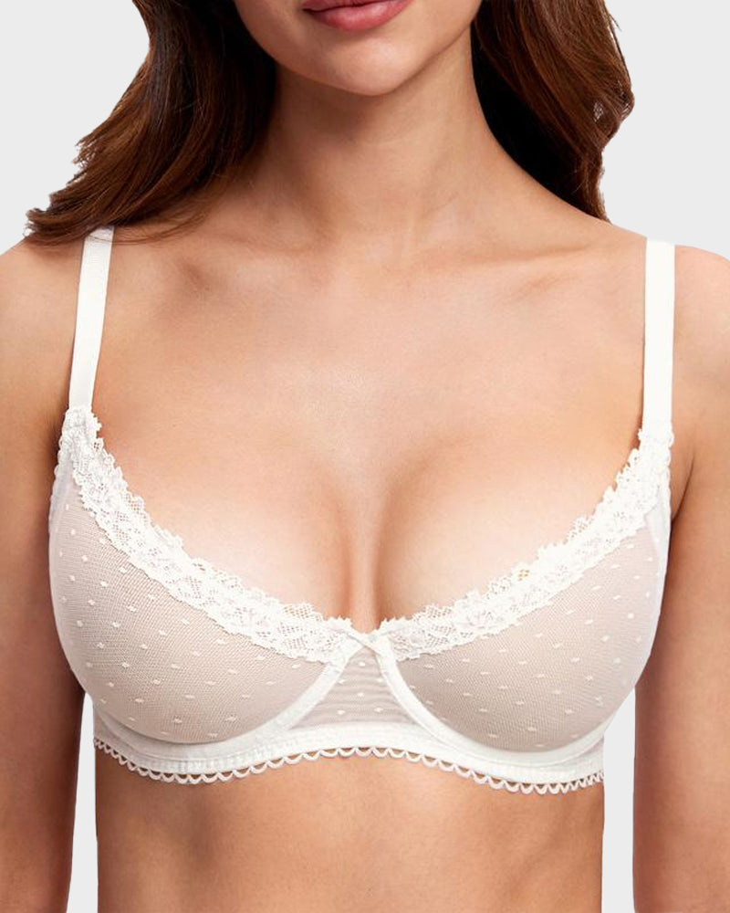 Elegant Sheer Lace Balconette Bra with Dotted Mesh & Underwire Support