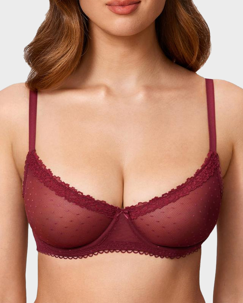 Elegant Sheer Lace Balconette Bra with Dotted Mesh & Underwire Support