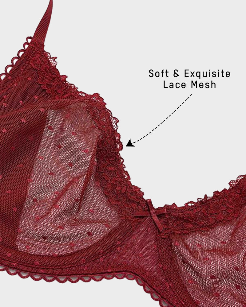 Elegant Sheer Lace Balconette Bra with Dotted Mesh & Underwire Support