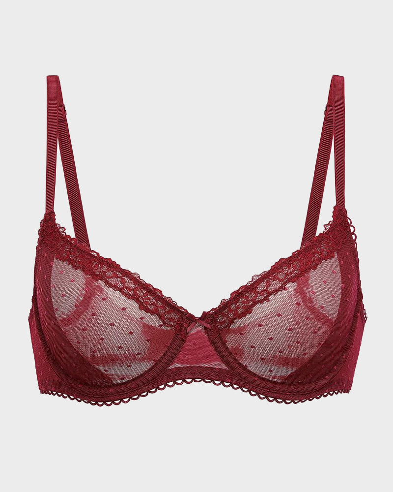 Elegant Sheer Lace Balconette Bra with Dotted Mesh & Underwire Support
