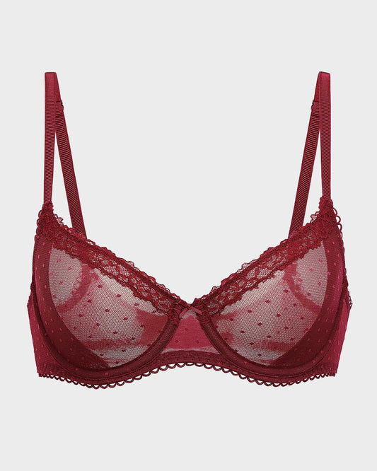 Elegant Sheer Lace Balconette Bra with Dotted Mesh & Underwire Support