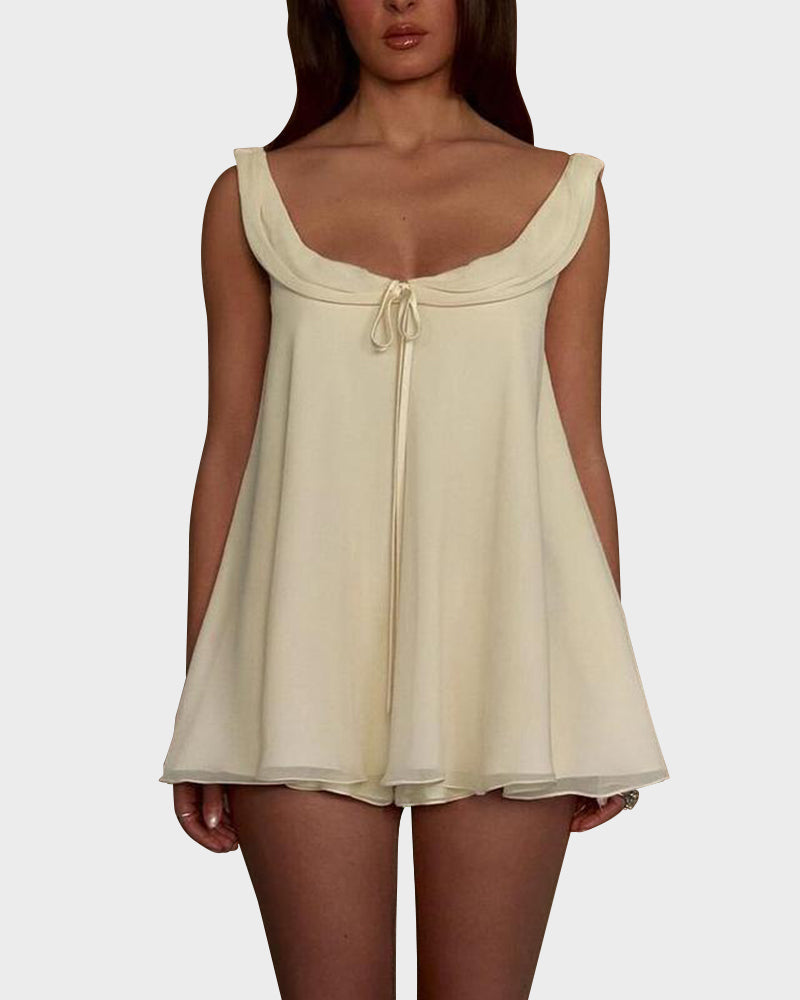 Chic Backless Princess Neck A-Line Top & Mini Shorts Set Chiffon