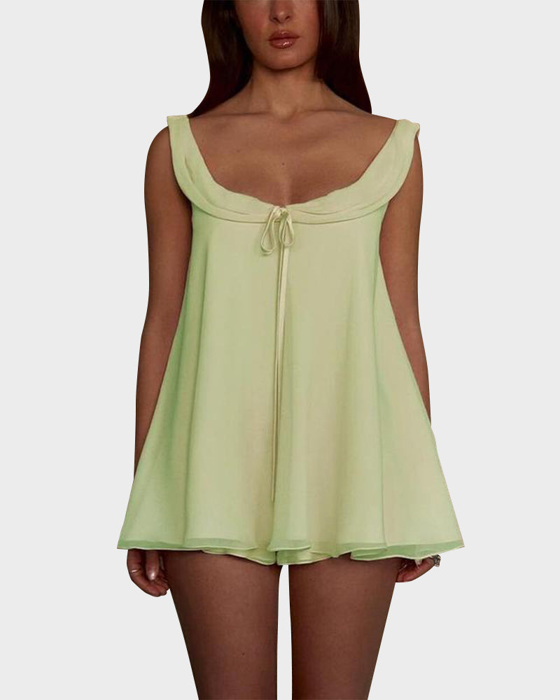 Chic Backless Princess Neck A-Line Top & Mini Shorts Set Chiffon