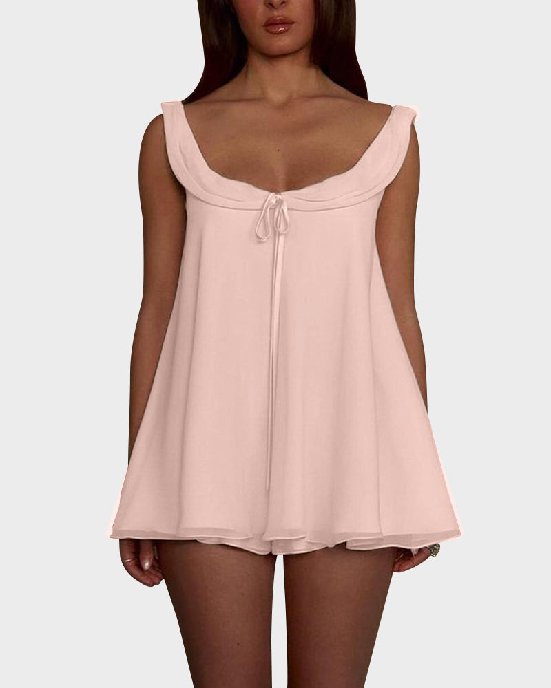 Chic Backless Princess Neck A-Line Top & Mini Shorts Set Chiffon
