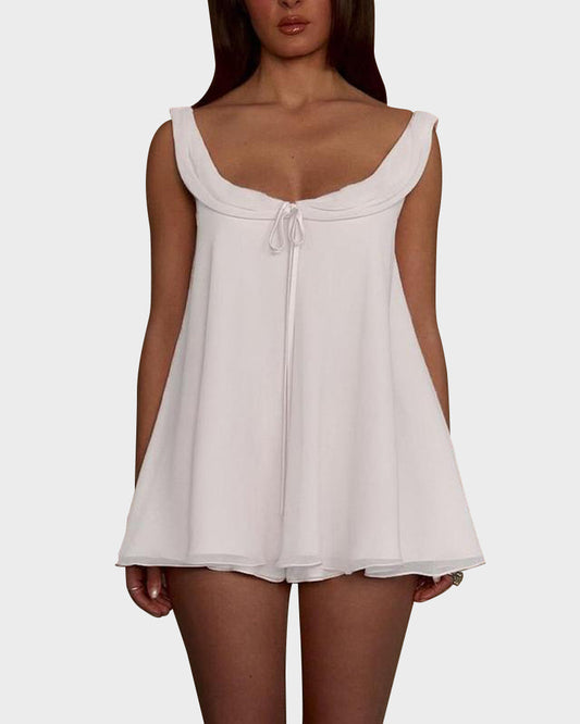 Chic Backless Princess Neck A-Line Top & Mini Shorts Set Chiffon