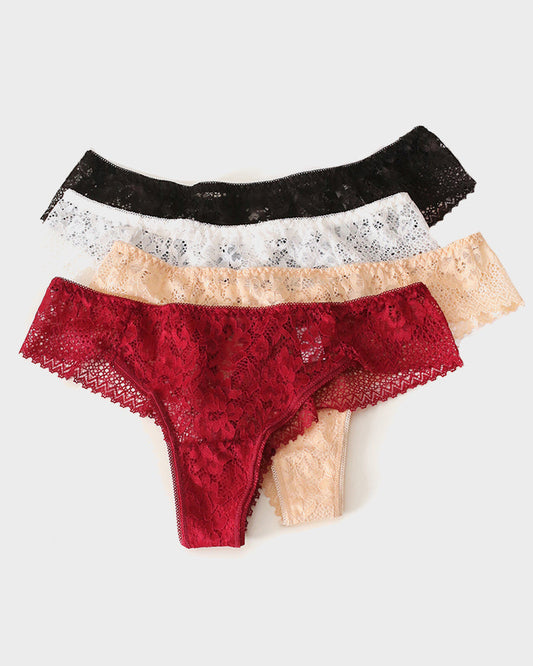 Charming Floral Lace Cut-Out Thong Panties - Delightful Multipack Underwear
