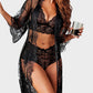 Romantic Sheer Floral Lace 3-Piece Lingerie Kimono Robe Sleepwear Set