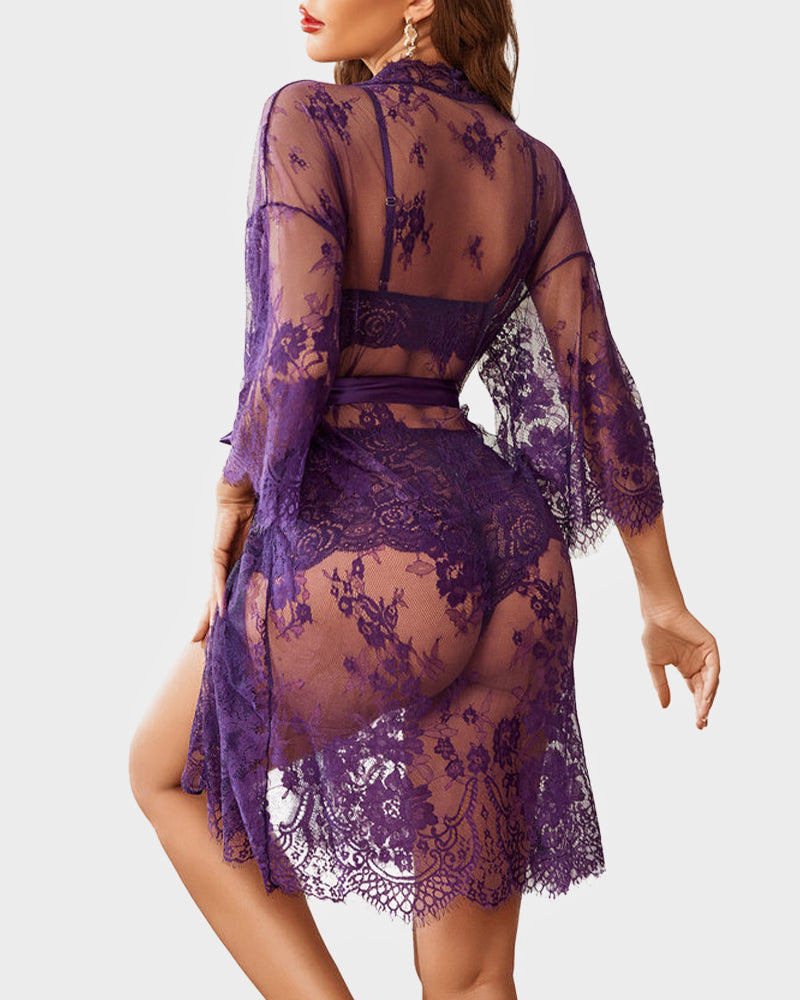Romantic Sheer Floral Lace 3-Piece Lingerie Kimono Robe Sleepwear Set