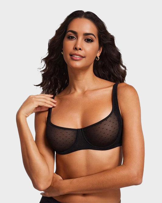 Sheer Dot Mesh Balconette Bra for Natural Lift & Comfortable Support