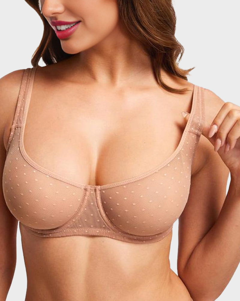 Sheer Dot Mesh Balconette Bra for Natural Lift & Comfortable Support