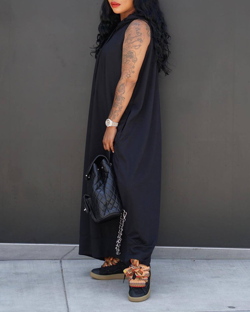 Comfy Sleeveless Hoodie Maxi Dress with Pockets - Relaxed Fit, Chic Summer Style