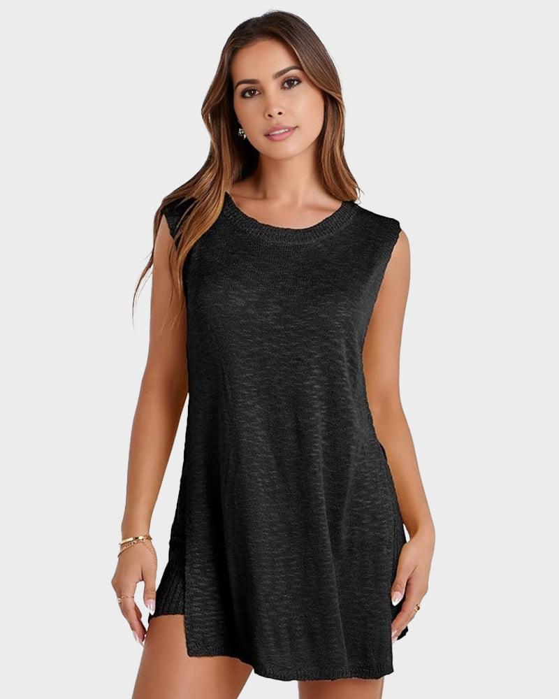 Chic Sleeveless Knit Lounge Set: Relaxed Tank Top & Side-Split Shorts