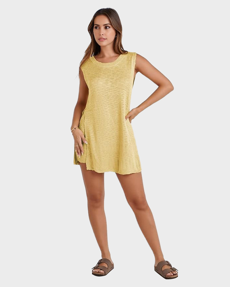 Chic Sleeveless Knit Lounge Set: Relaxed Tank Top & Side-Split Shorts