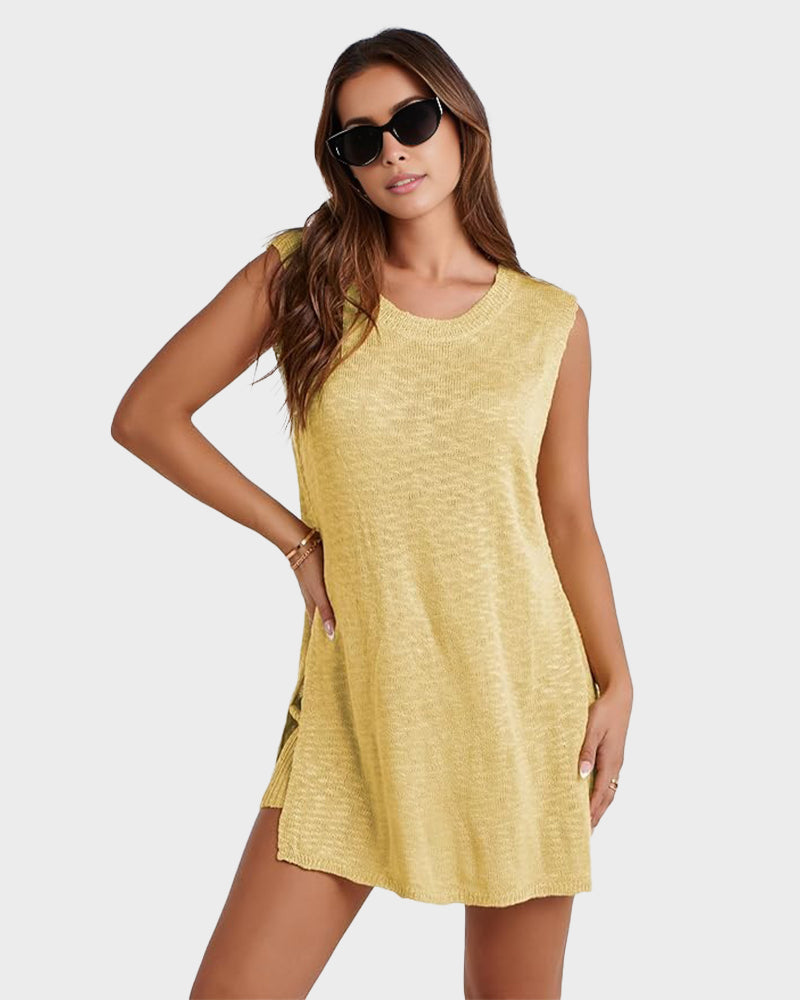 Chic Sleeveless Knit Lounge Set: Relaxed Tank Top & Side-Split Shorts
