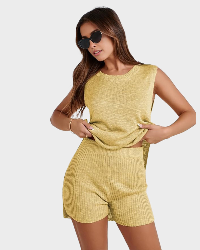 Chic Sleeveless Knit Lounge Set: Relaxed Tank Top & Side-Split Shorts