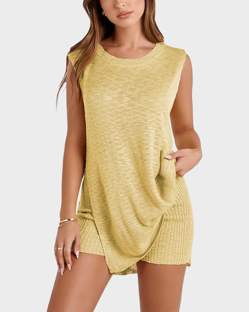 Chic Sleeveless Knit Lounge Set: Relaxed Tank Top & Side-Split Shorts