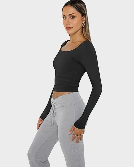 Y2K Slim-Fit Square-Neck Long-Sleeve Crop Top: Buttery Soft & Flattering