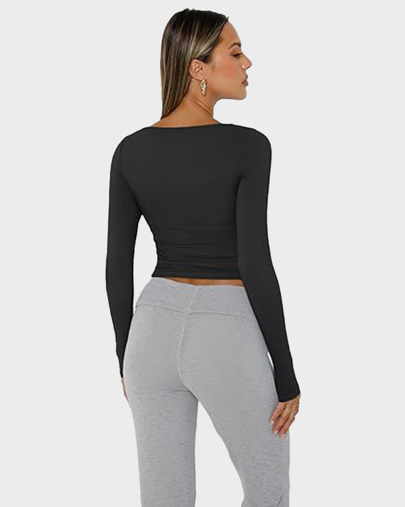 Y2K Slim-Fit Square-Neck Long-Sleeve Crop Top: Buttery Soft & Flattering