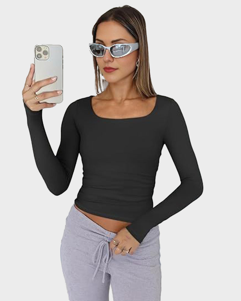 Y2K Slim-Fit Square-Neck Long-Sleeve Crop Top: Buttery Soft & Flattering
